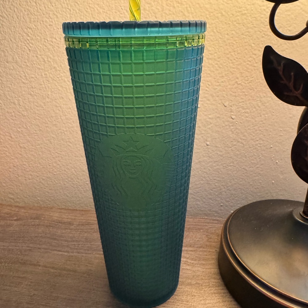 Starbucks Grid Teal Tumbler with Green Straw